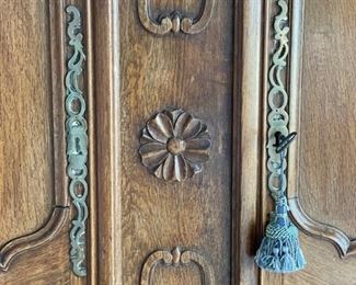 Mike Bell French provincial oak armoire with brass detailing. Measures 63" W x 23" D x 91" H. Photo 2 of 4. 