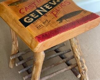 Pair of rustic log side tables with Lake Geneva motif. Each measures 21" W x 18" D x 24" H.  Photo 2 of 2. 