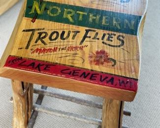 Pair of rustic log side tables with Lake Geneva motif. Each measures 21" W x 18" D x 24" H.  Photo 1 of 2. 