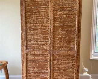 Vintage distressed shutter-door storage cabinet/armoire. Measures 41" W x 22" D x 78" H. 