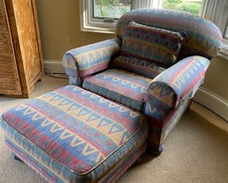 Crate & Barrel Navajo print upholstered club chair and ottoman. 