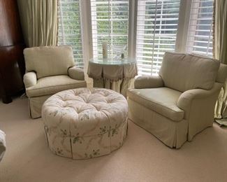 Pair of Southwood upholstered loose-back club chairs. Each measures 34" W x 37" D. Ottoman measures 38" D.  Photo 1 of 4. 