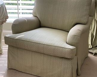 Pair of Southwood upholstered loose-back club chairs. Each measures 34" W x 37" D. Ottoman measures 38" D.  Photo 2 of 4. 