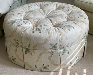 Pair of Southwood upholstered loose-back club chairs. Each measures 34" W x 37" D. Ottoman measures 38" D.  Photo 4 of 4. 