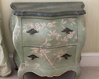 Minton-Spidell chinoiserie bombe style side table with faux marble top. Measures 30" W x 18" D x 31" H. 