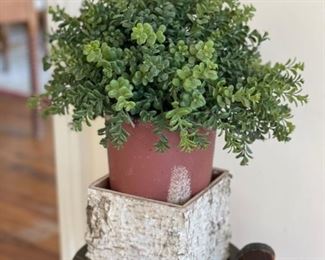 Birchwood cachepot with faux greenery. 
