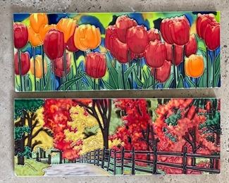 Painted ceramic tile wall art - Spring and Fall scene. 