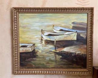 Boat mooring oil painting signed by artist. Photo 1 of 2. 