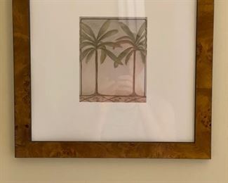 Framed palm tree print in burl wood frame. 