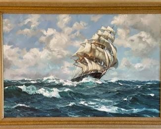 Framed Charles Vickery oil painting - In the Blue Pacific Clipper 'Lightning'. Measures 45" W x 32" H. Photo 1 of 2.