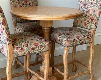 Fremarc Designs bistro table set with three upholstered barstools - 2 available. Table measures 36" H x 42" D.  Seat hight of barstools: 31". Photo 2 of 3. 