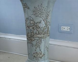 Vintage baby blue toile vase with brass base and rim.  China. Photo 1 of 2. 