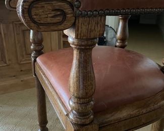 Set of 5 Minton-Spidell Tudor Bar Stools. Leather upholstered seats and nailhead trim. Each measures 39" H x  22" W x 20" D.  Seat H: 30." Photo 3 of 4. 