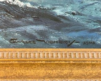 Framed Charles Vickery oil painting - In the Blue Pacific Clipper 'Lightning'. Measures 45" W x 32" H. Photo 2 of 2. 