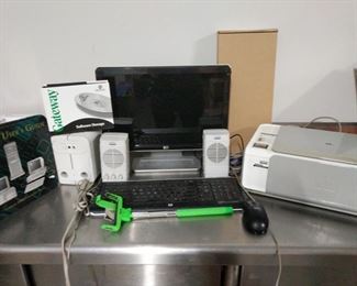 HP monitor and printer, keyboard, selfie stick and computer extras with Altec Lansing Speakers. https://ctbids.com/#!/description/share/1012609