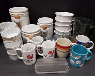 Includes bowls, jars, pitcher, mugs and glasses. Largest measures 9 1/2"H x 5"L and smallest measures 3 1/2"L x 2"H. https://ctbids.com/#!/description/share/1012610