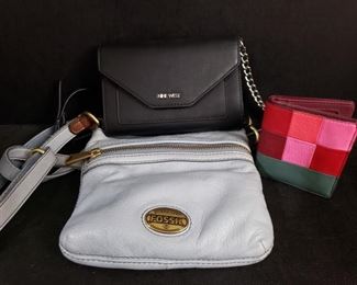Nine West purse in like new condition. The Fossil wallet is in very good used condition. The Fossil crossover purse is in good used condition with a few spots that will be mostly hidden while wearing. Zippers slide freely. https://ctbids.com/#!/description/share/1012727