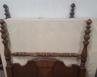 Gorgeous vintage 4 poster bed with carved elephant on the headboard. Includes side rails, slats, mattress and boxspring. Head board measures 60" x 62". Footboard measures 60" x 55". This bed matches the chifforobe and vanity in this sale. https://ctbids.com/#!/description/share/1009593