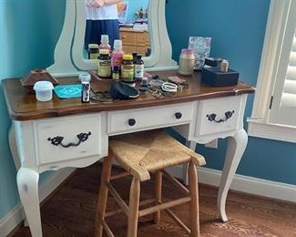 Vanity with mirror and stool