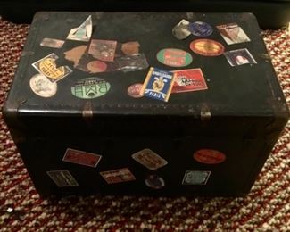 LARGE ANTIQUE TRUNK W/TRAVEL STICKERS