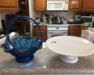 Blue basket, white cake plate