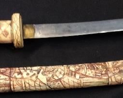 VTG. BONE CARVED WAKIZASHI SHORT SWORD