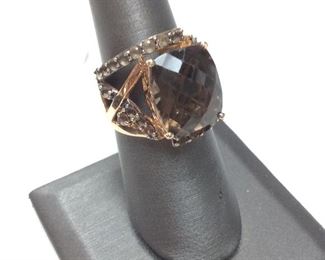 14KT GOLD & SMOKEY QUARTZ RING,10.8G SIZE 7