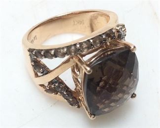 14KT GOLD & SMOKEY QUARTZ RING,10.8G SIZE 7