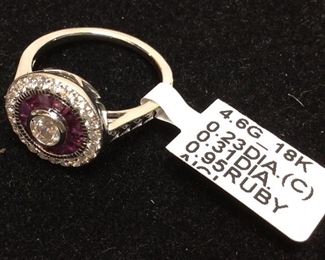 18KT GOLD DIAMOND & RUBY RING,