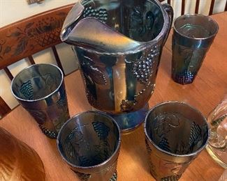 Vintage Carnival Glass Pitcher and Glass Set