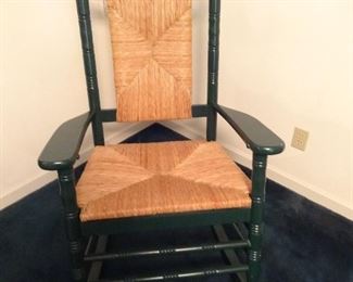 Vintage green rush seat and back rocking chair