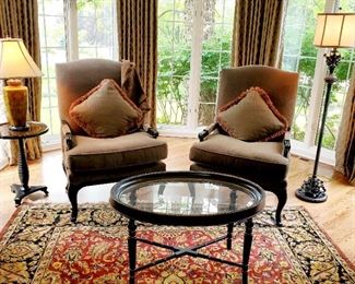 Drexel Heritage chairs,  wool area rugs, floor lamps, coffee table, 