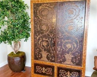 Maitland Smith, tooled leather, armoire/ entertainment center, large silk tree, 