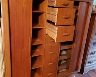 Mid-century modern teak man's chest with tambour doors.  Open with drawers pulled out