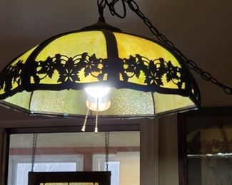 Vintage large fancy lead and stained glass ceiling shade.
