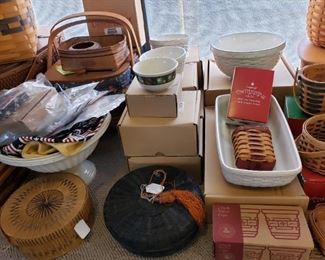 Longaberger baskets and china and antique baskets.