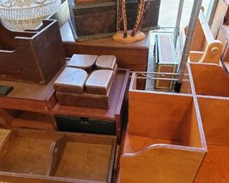 Wood ware, swiveling book holder, wood boxes and carriers.