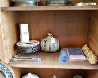 Various items, glass ceiling shades, pottery, glassware, etc.