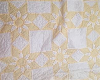 Vintage Yellow and White Dahlia Star Quilt - Hand quilted in flower patterns.
