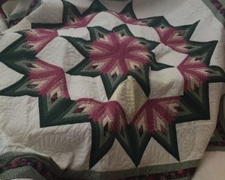 Diamond Log Cabin Star King Sized Quilt, Hand-Quilted circle feather pattern, excellent condition.