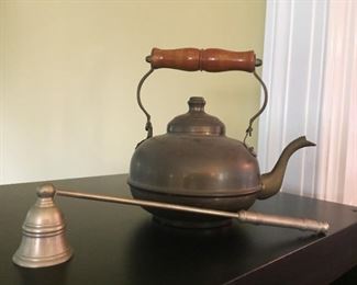 Brass teakettle and candle snuffer.