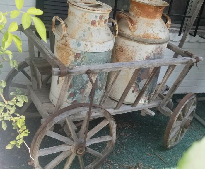 Great for a rustic setting :Wooden Wagon with milk cans