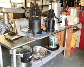 Pots, pans, sausage/boudin makers, meat grinders, prep table
