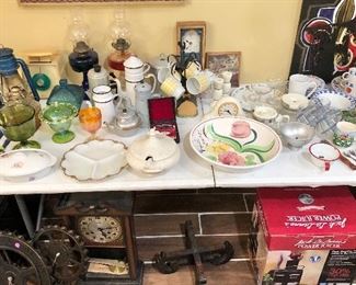 Vintage Drip coffee pots, oil lamps, carnival glass, dishes, juicer