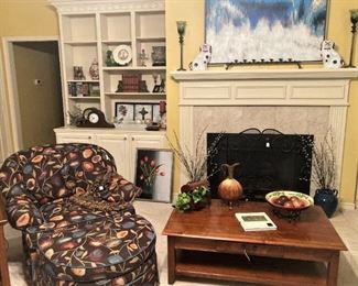 Printed fabric chair & ottoman; large coffee table
