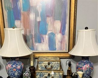 Pair of lamps; framed art