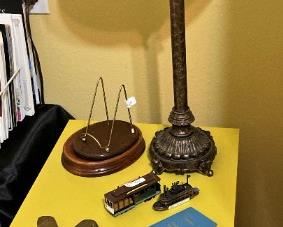 Yellow file cabinet; lamp