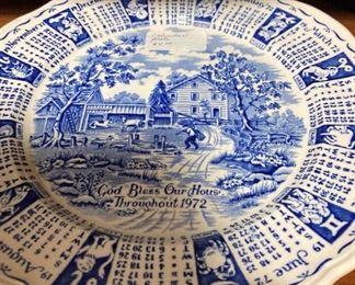 1972 calendar on blue & white plate