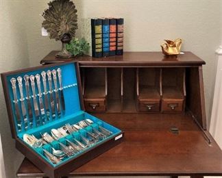 Small secretary; silverplate dinnerware