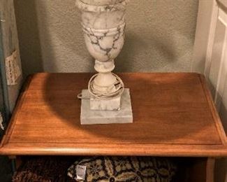 One of two nightstands and lamps